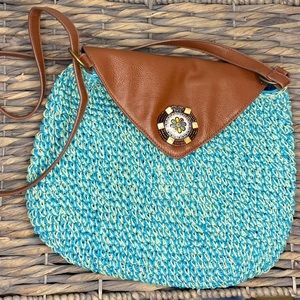 Sun n Sand Blue Straw and Brown faux leather convertible tote shoulder bag purse